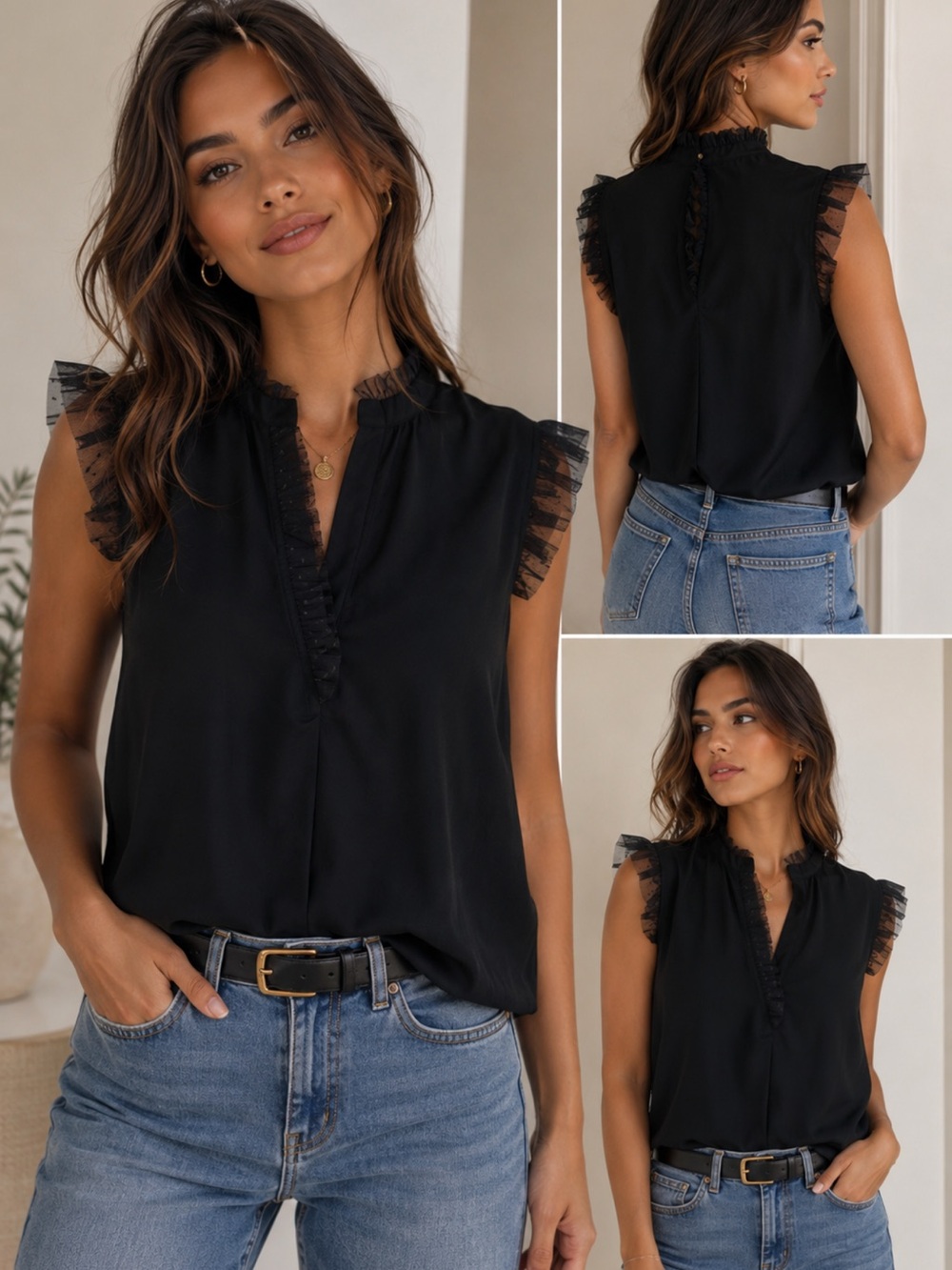 Black Lace Collar and Sleeve Blouse, Black Chiffon Top, Black Blouse